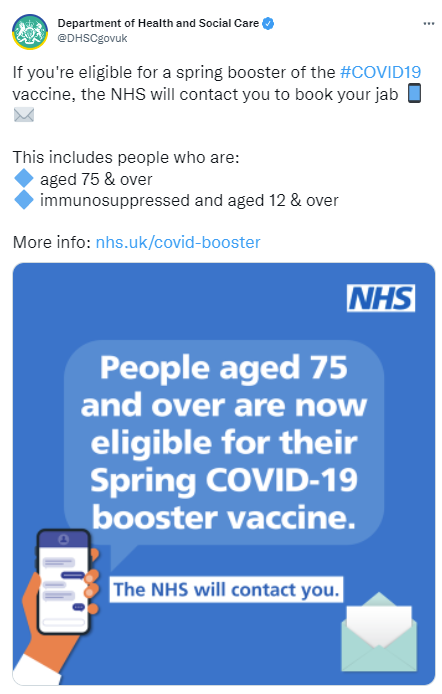 Social Media and Healthcare: An image of an official UK Government Twitter account providing information about COVID vaccines for the over 75s.