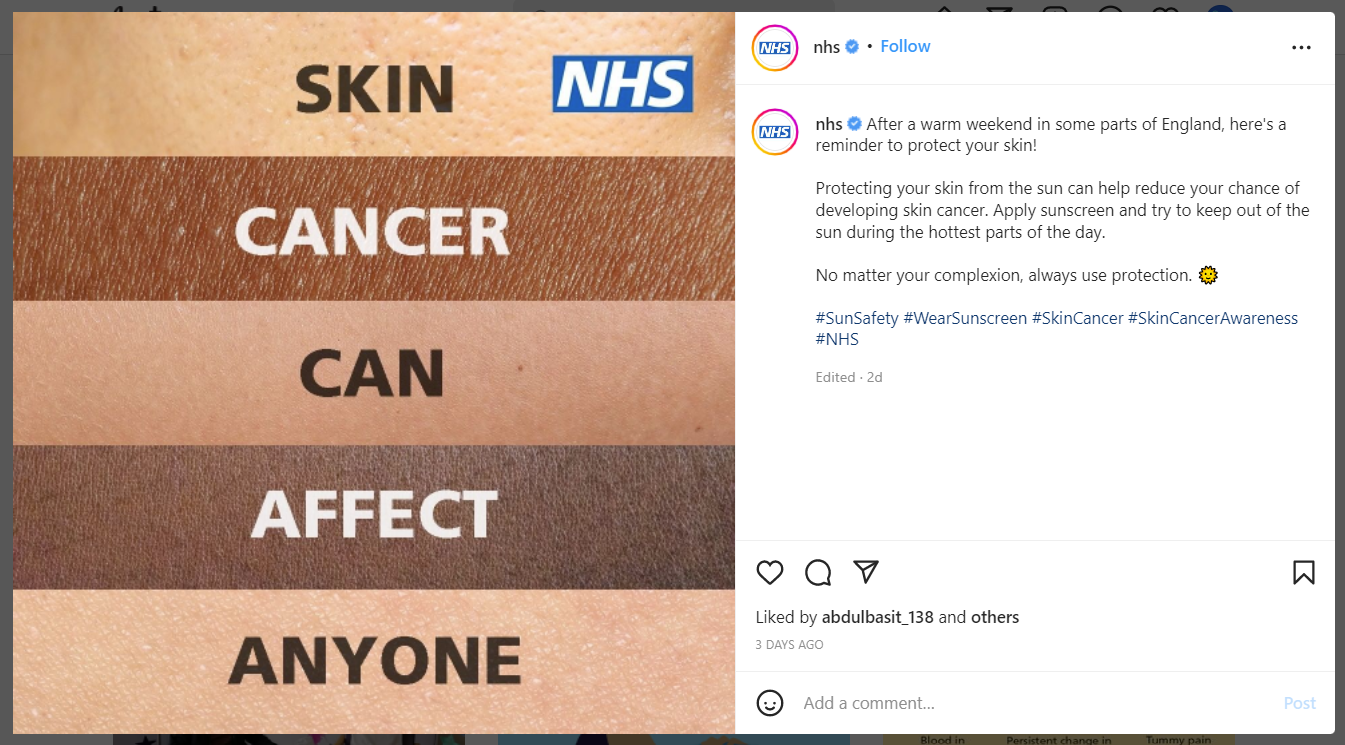 Social Media and Healthcare: An Image of an NHS Instagram post providing information on Skin Cancer