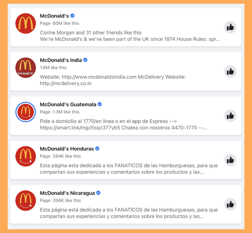 An image showing all the different, location-specific McDonald's social media pages
