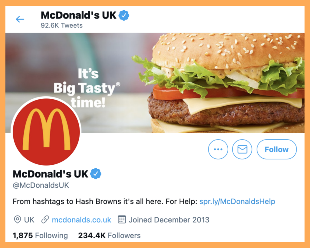 McDonald's Social Media - A screenshot of the McDonald's Twitter profile, featuring a banner image promoting the Big Tasty