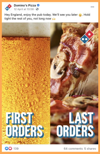 Domino's Pizza Facebook post England pubs