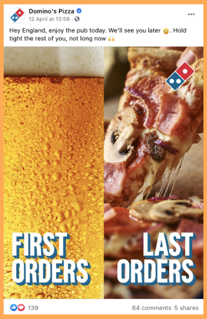 Domino's Social Media - Facebook post England pubs