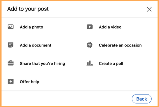 LinkedIn add to your post dialogue box