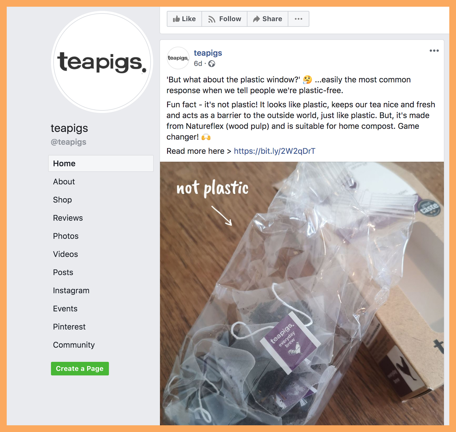 Teapigs Facebook post on plastic free packaging