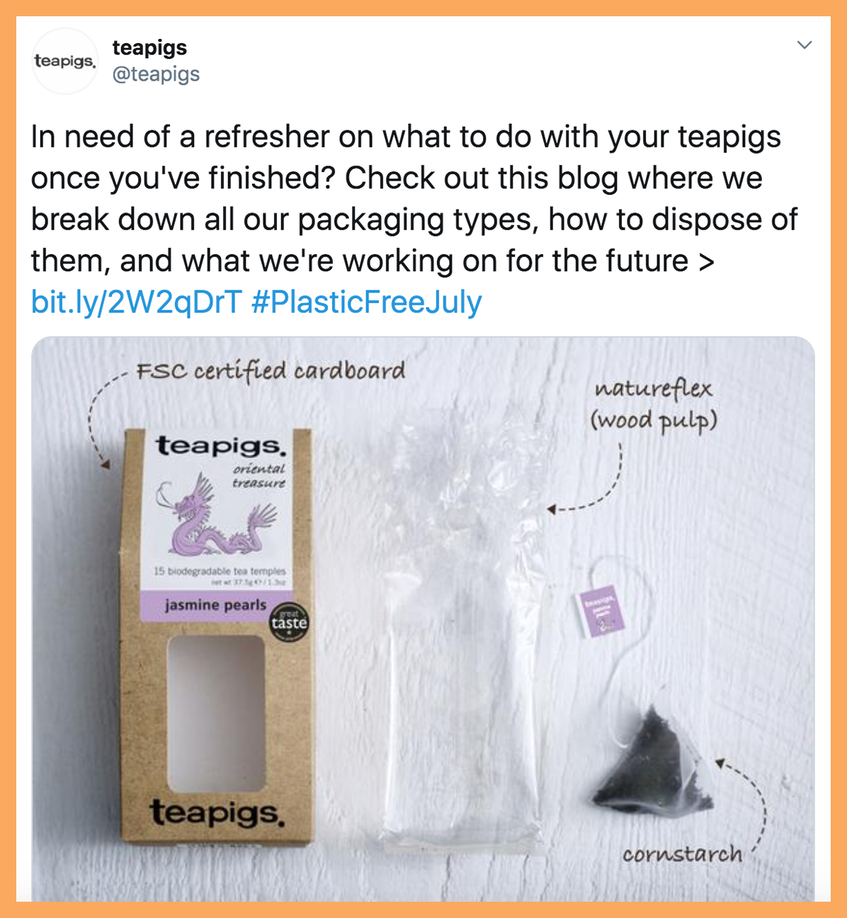 Teapigs Twitter post on packaging