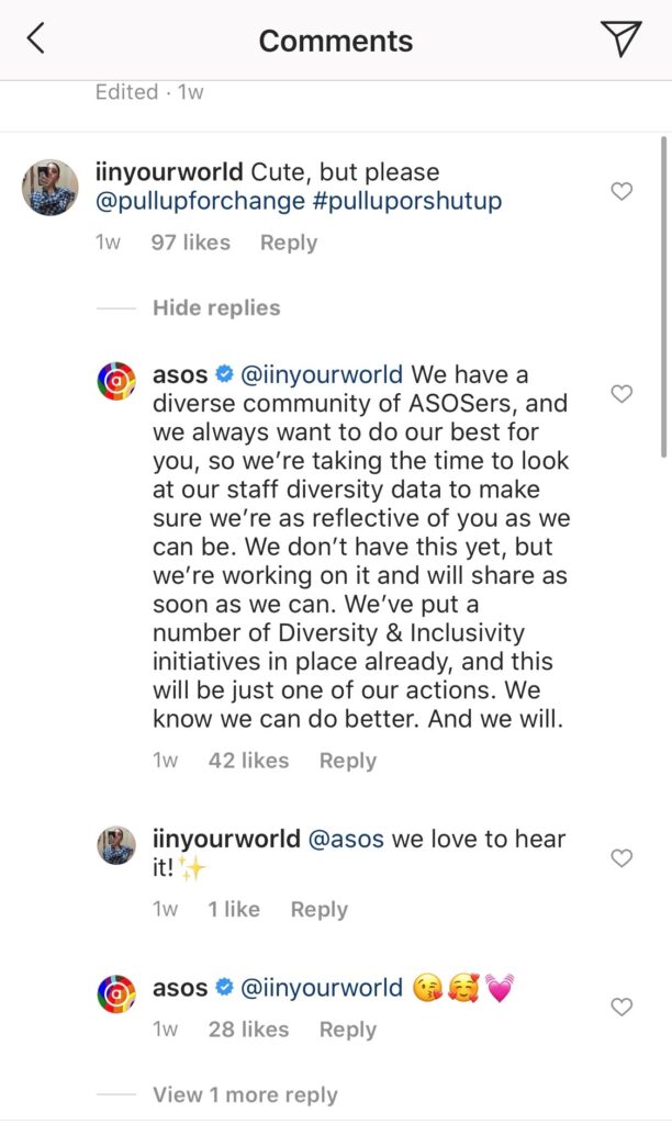 Asos addressing an diversity complaint in the Instagram comments section