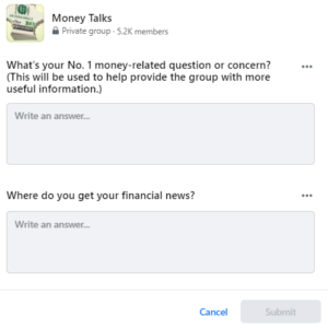 social media communities gateway questions for Money Talks group