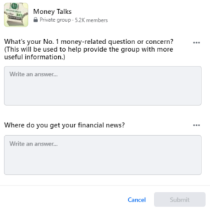  social media communities gateway questions for Money Talks group