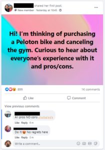 Peloton customer Facebook post