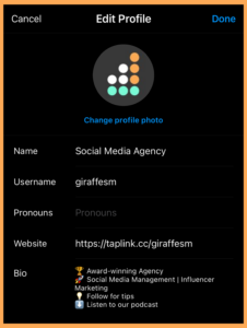 Instagram giraffesm edit profile screenshot