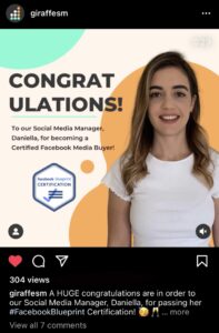 A screenshot of the Giraffe Social Media Instagram post where an achievement of a member of our team is celebrated. 