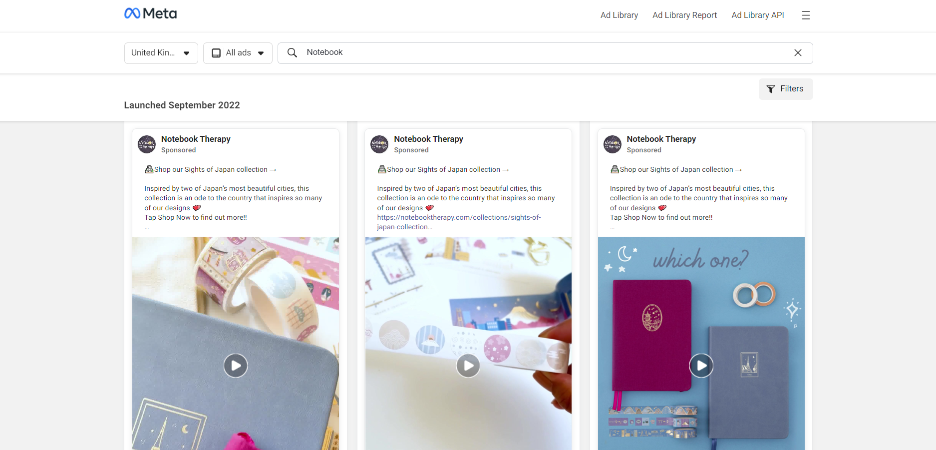 A screenshot from the Facebook Ads Library - showing ads relating to notebooks