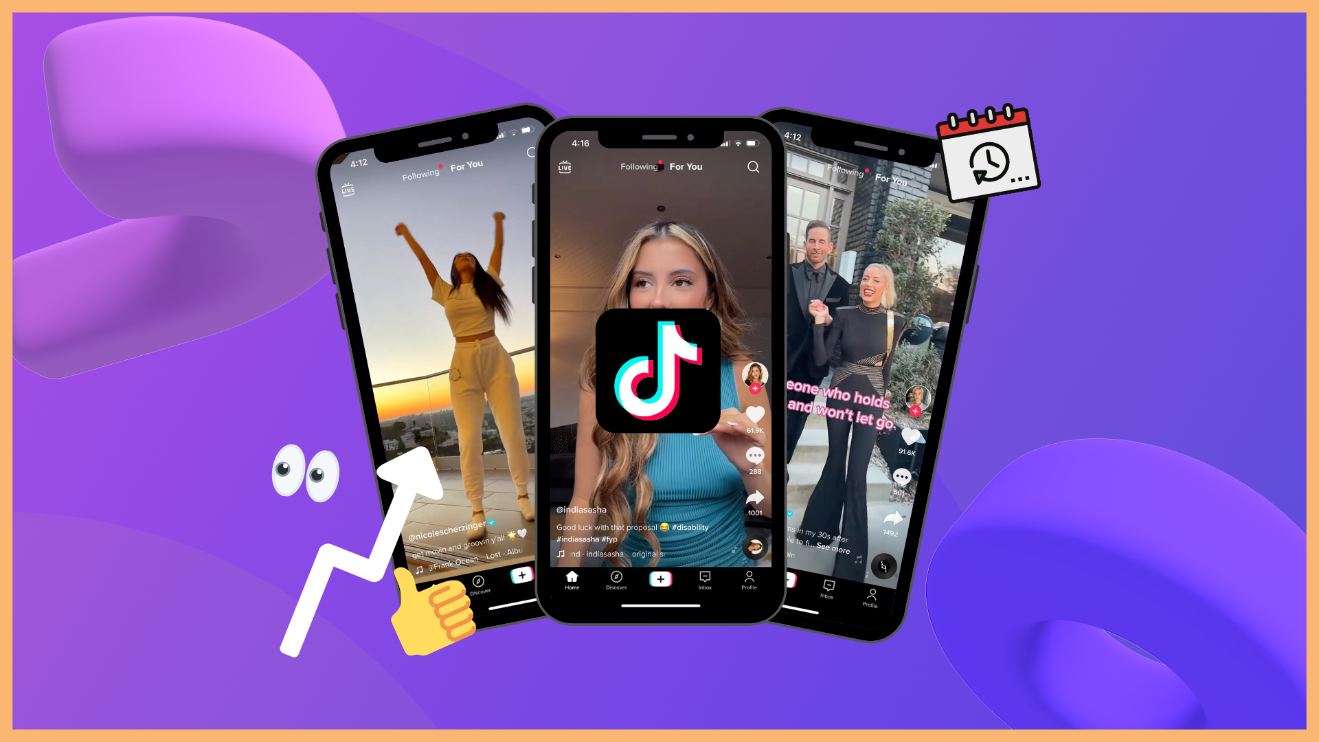 Image showing three phones with the TikTok app open, displayed on a purple background
