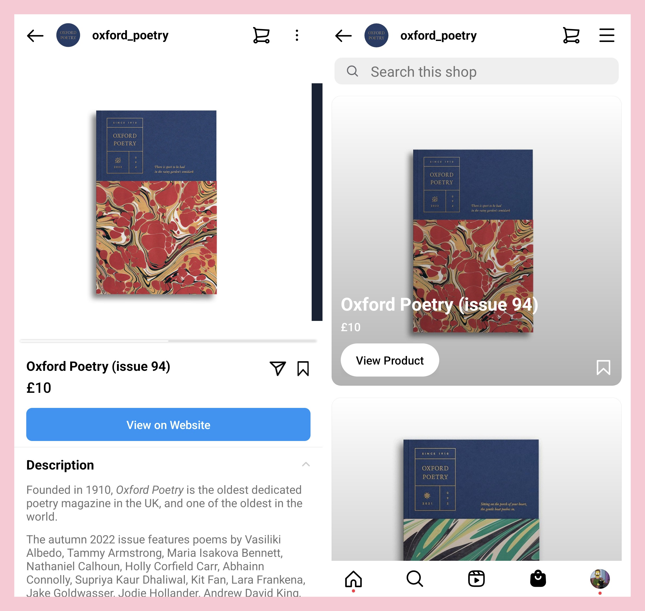 How to Set Up An Instagram Shop - Screenshot of a product available from Oxford Poetry