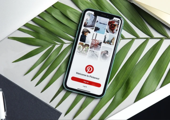 photo shows a phone showing the marketing on pinterest log in screen, resting on a table with green leaves and a notebook