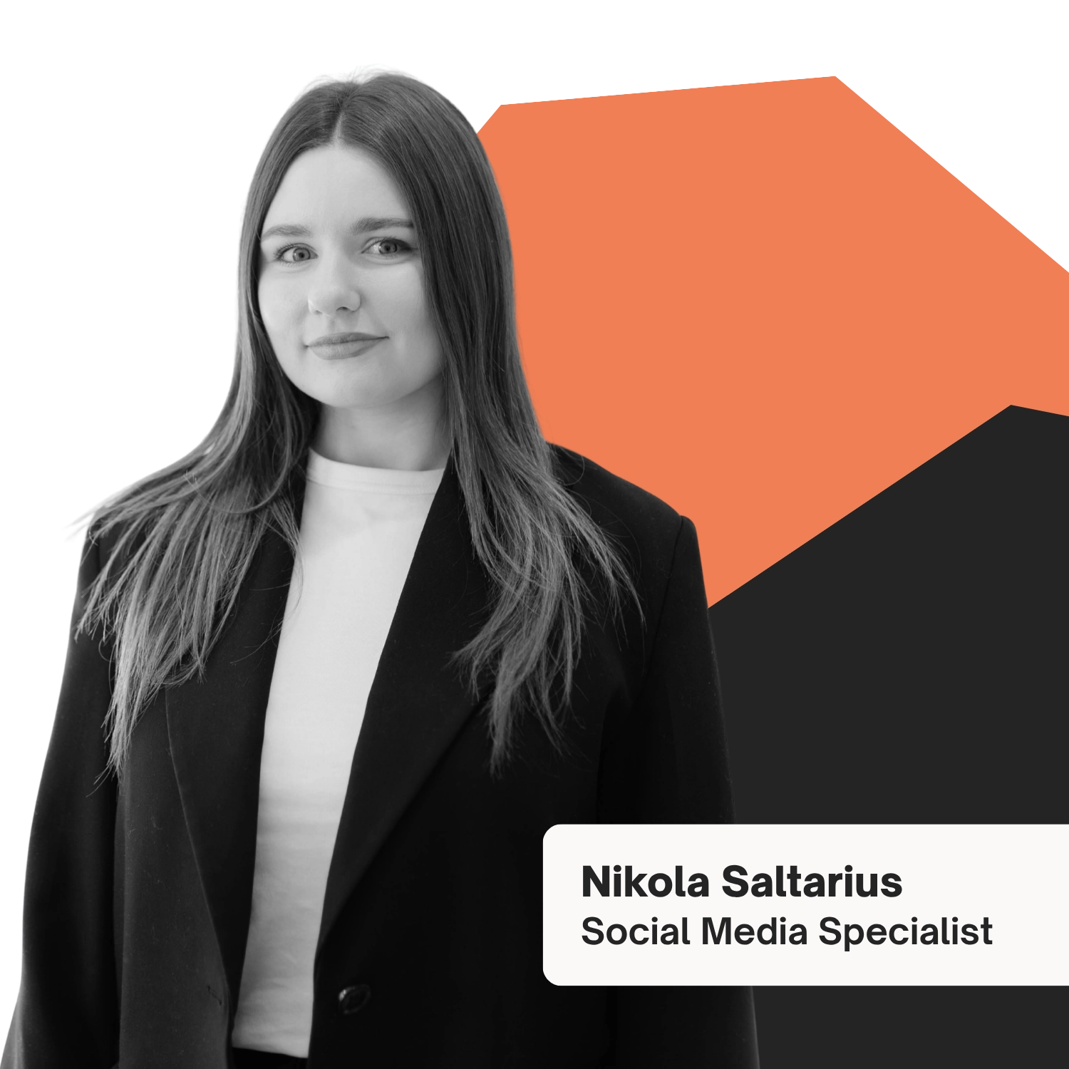 a woman on a black and orange background