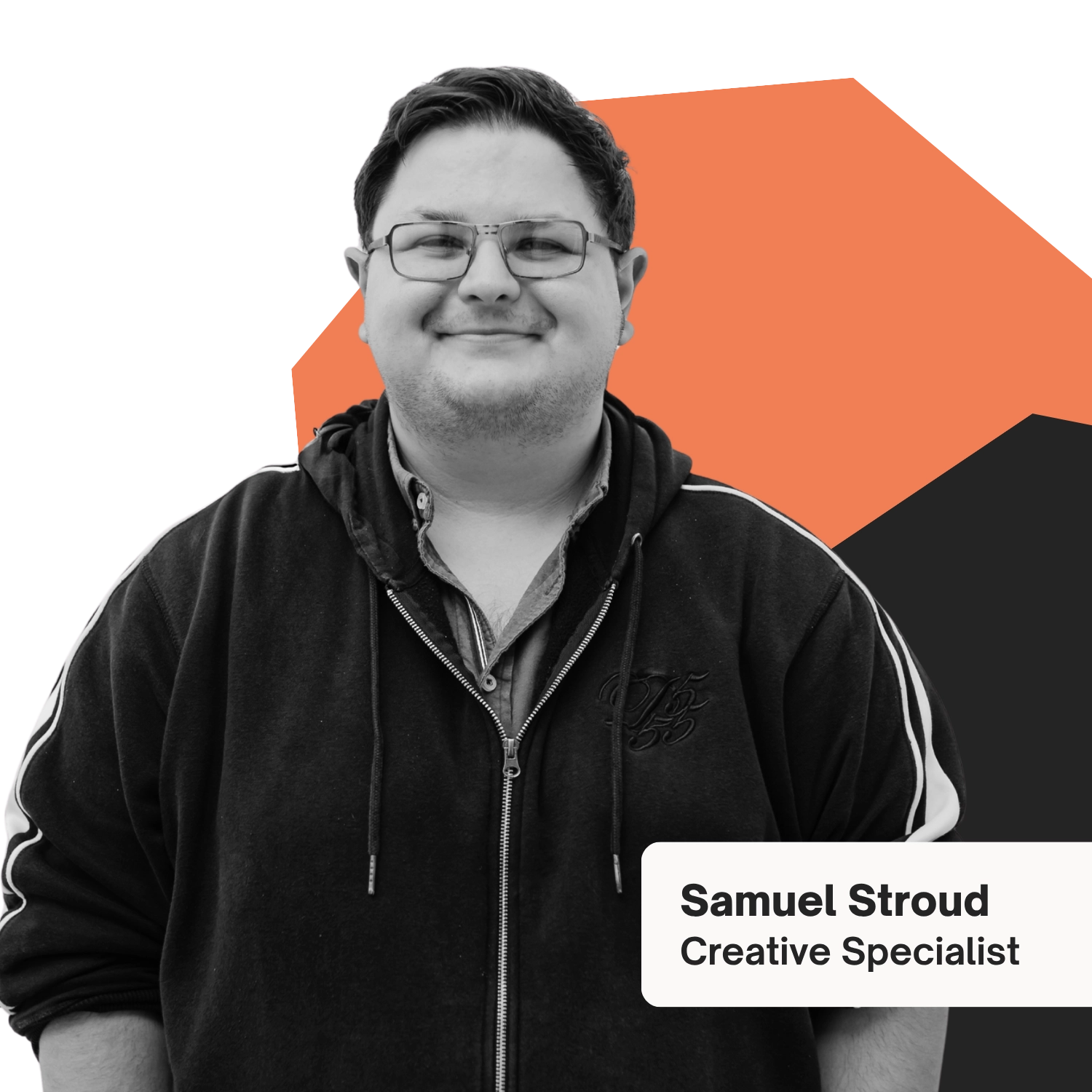 a man on an orange and black background