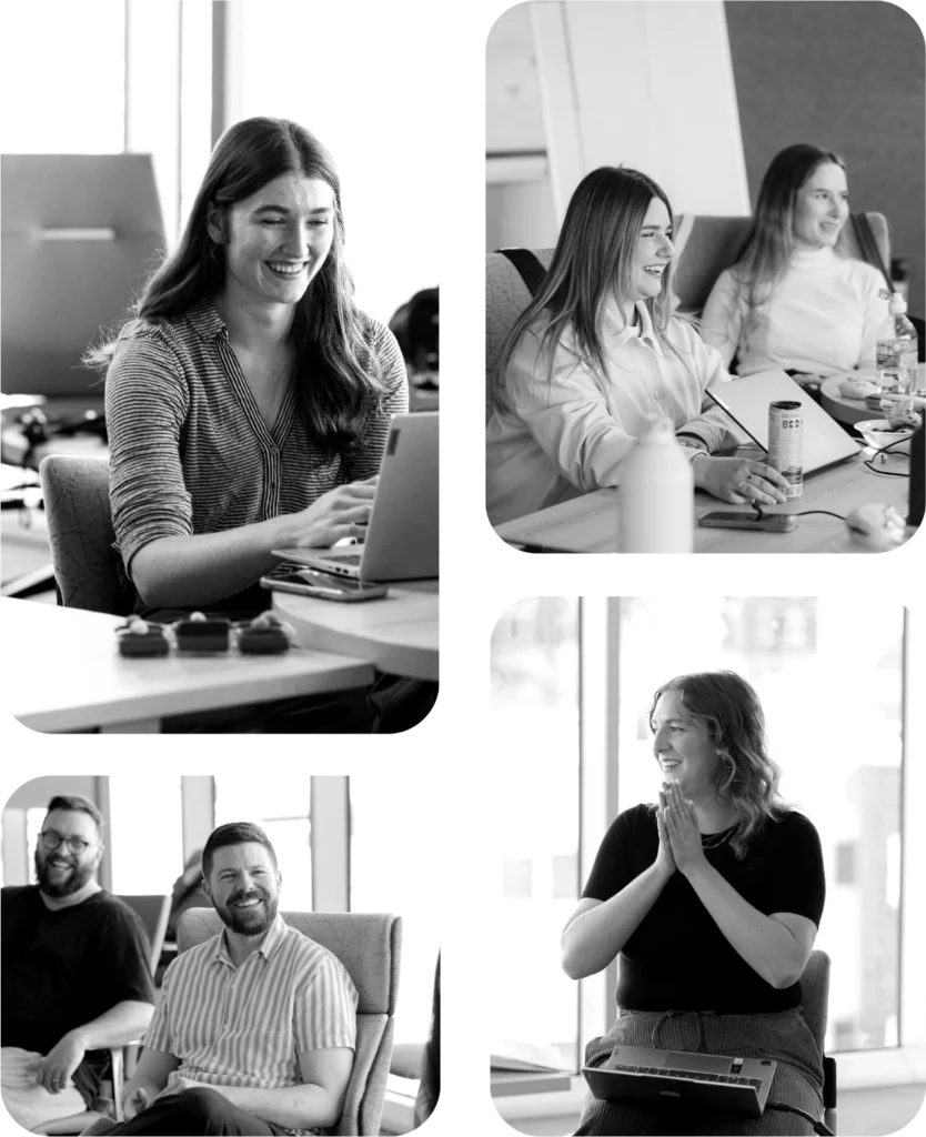a collage of black and white photos showing people in an office setting