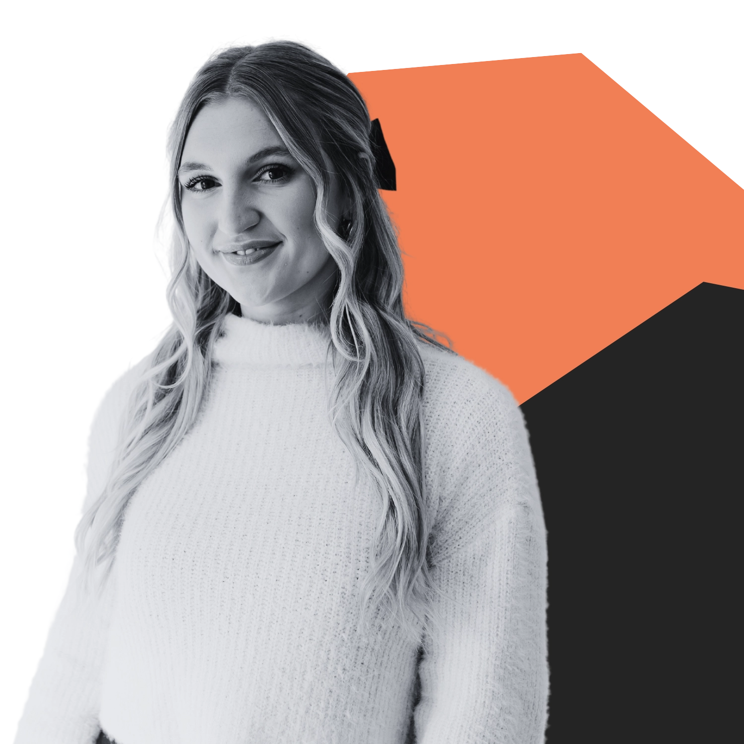 a woman on a black and orange background