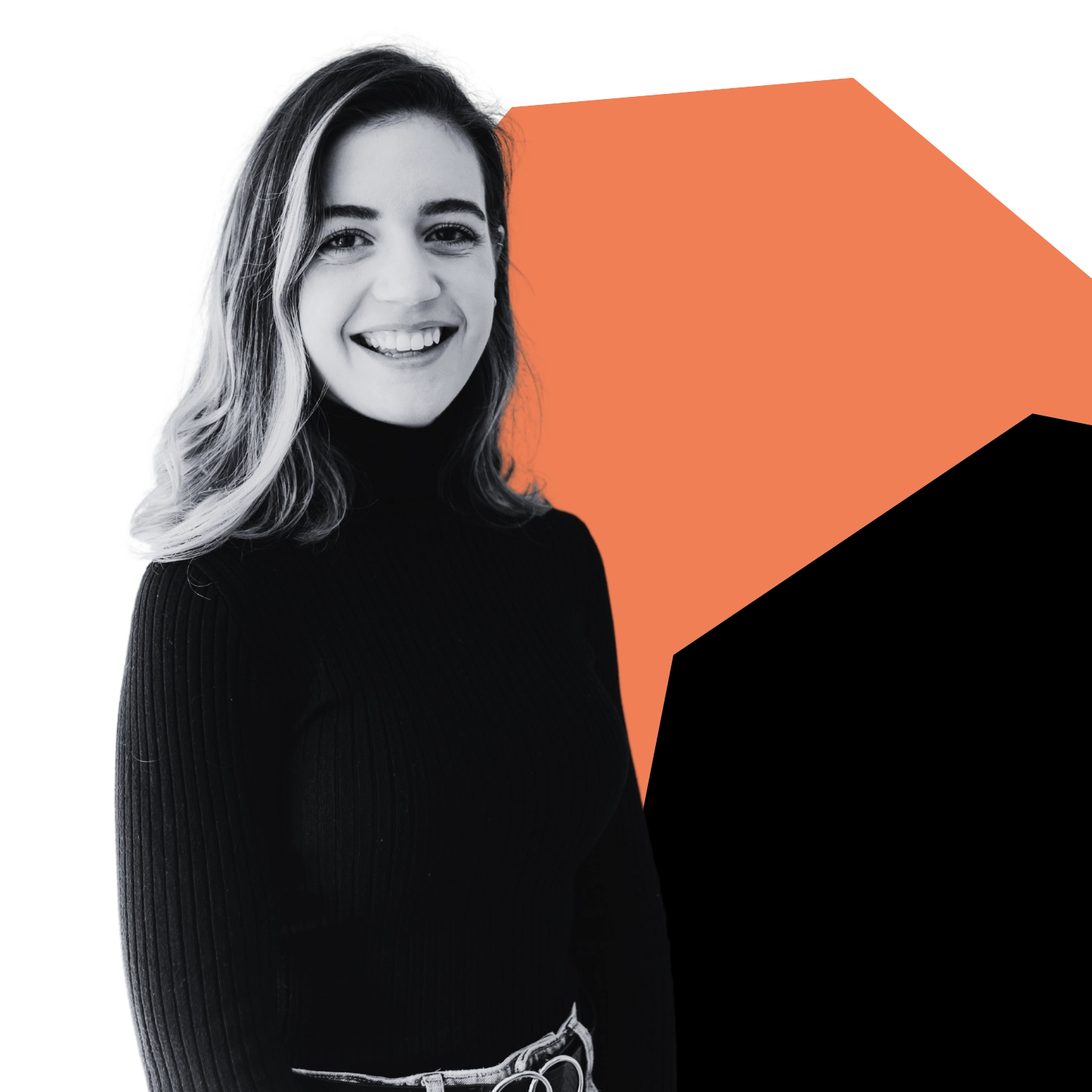 a woman on a black and orange background
