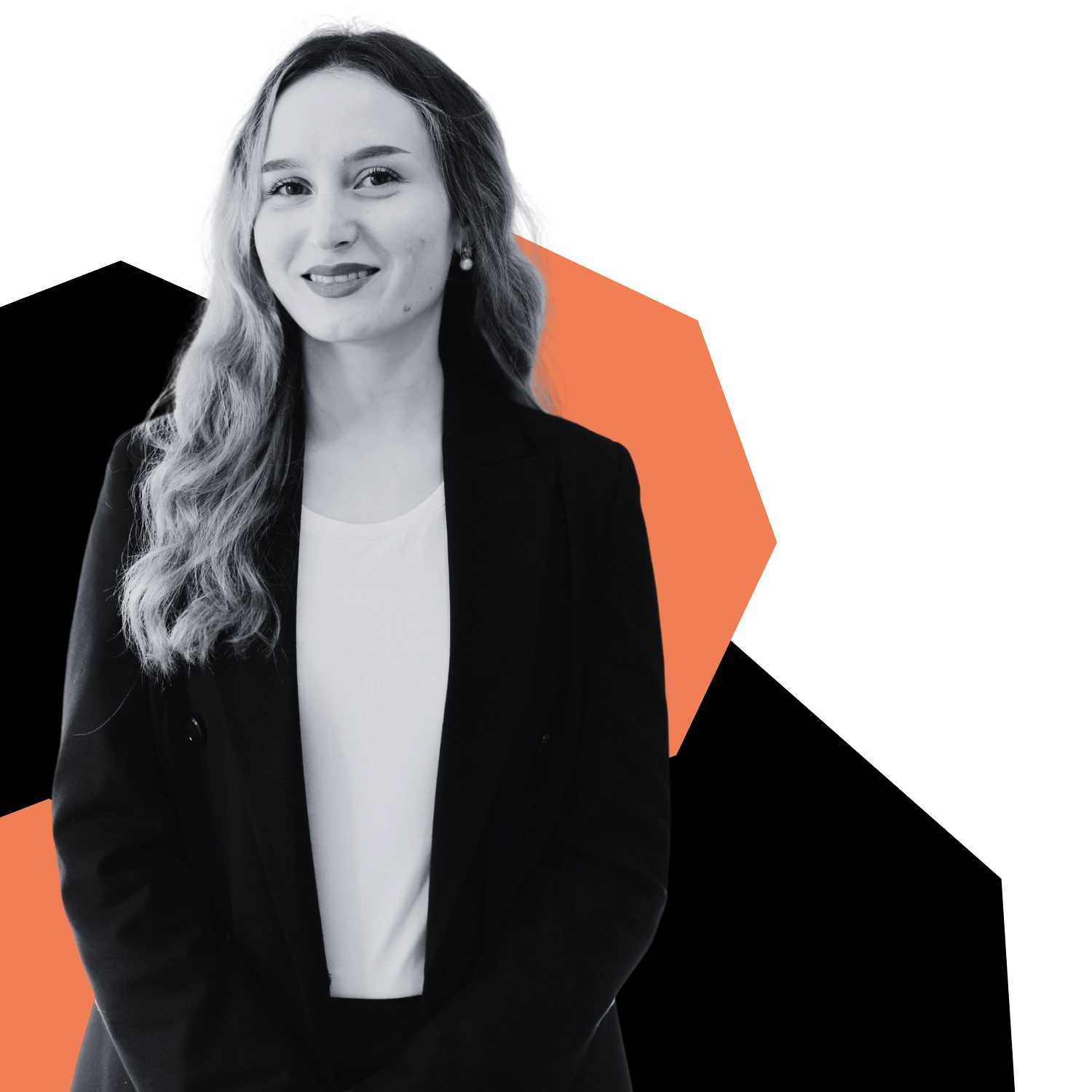 a woman on a black and orange background