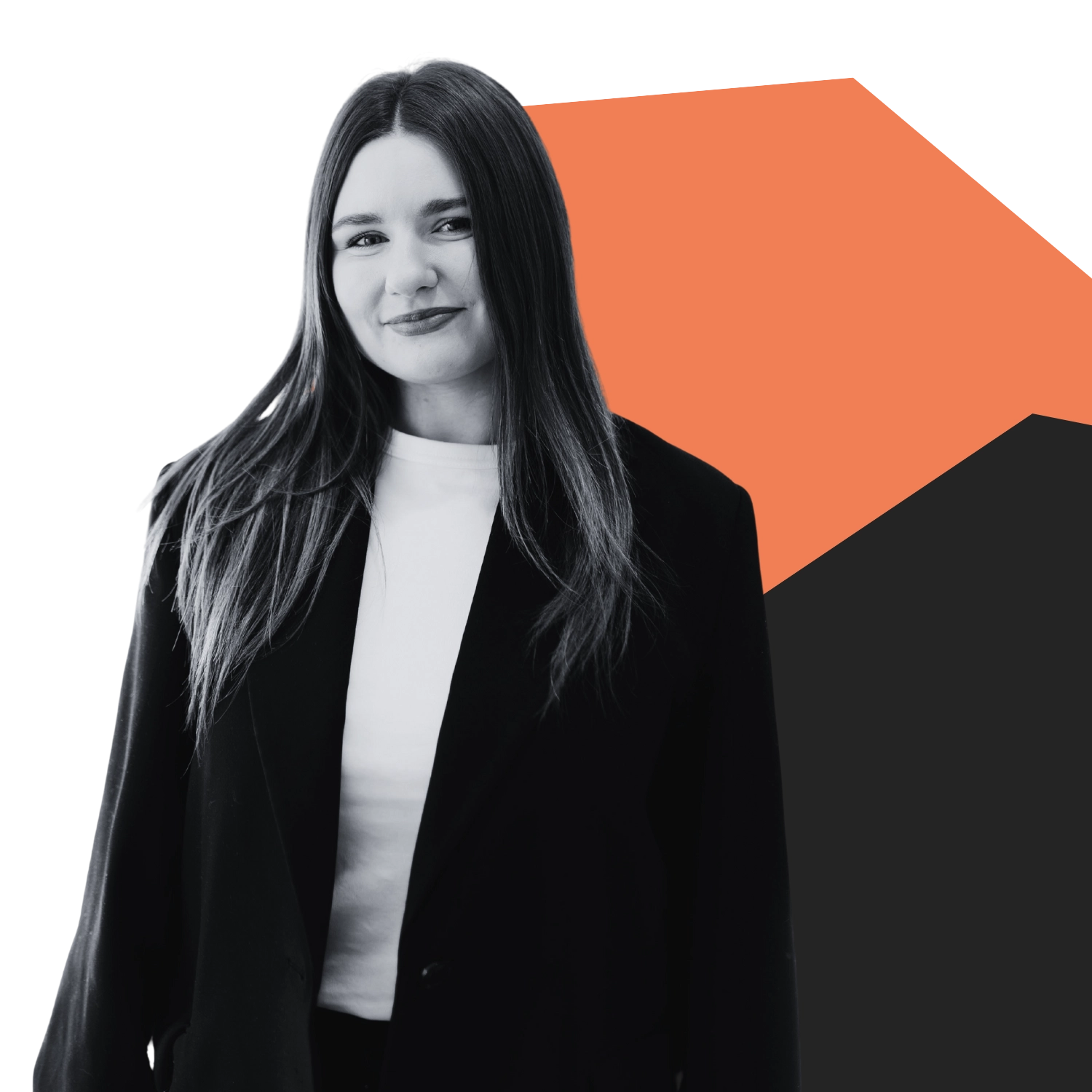 a woman on a black and orange background