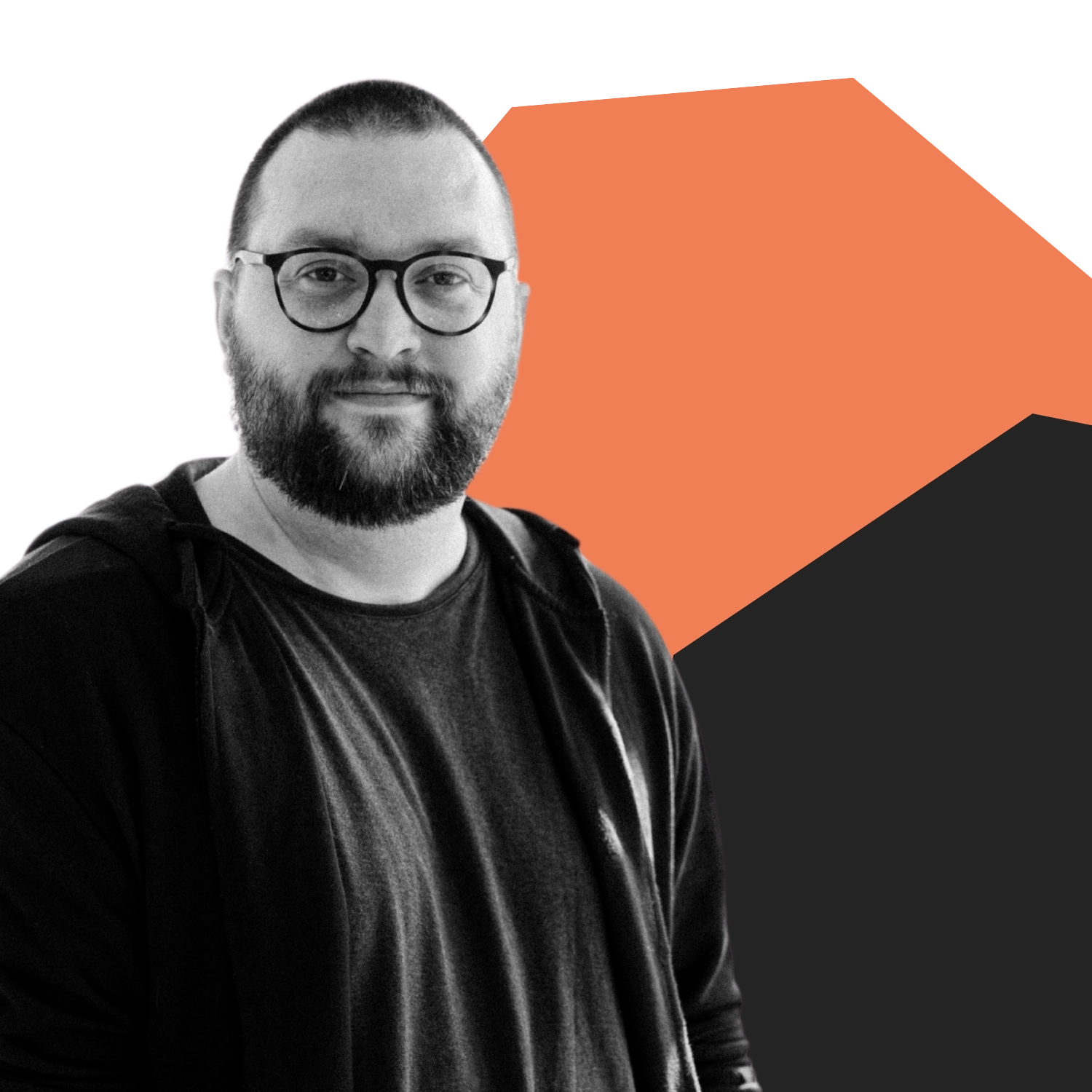 a man on an orange and black background