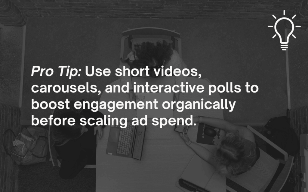 Image with overlayed text of: Pro tip: Use short videos, carousels, and interactive polls to boost engagement organically before scaling ad spend.