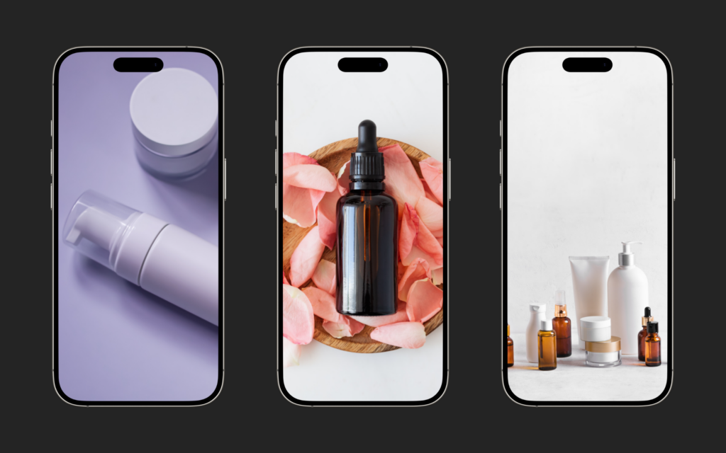 Image of three phones with skincare images on each
