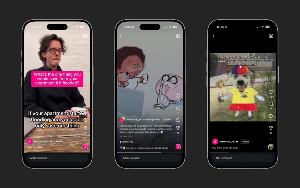Examples of TikTok content from Lemonade.