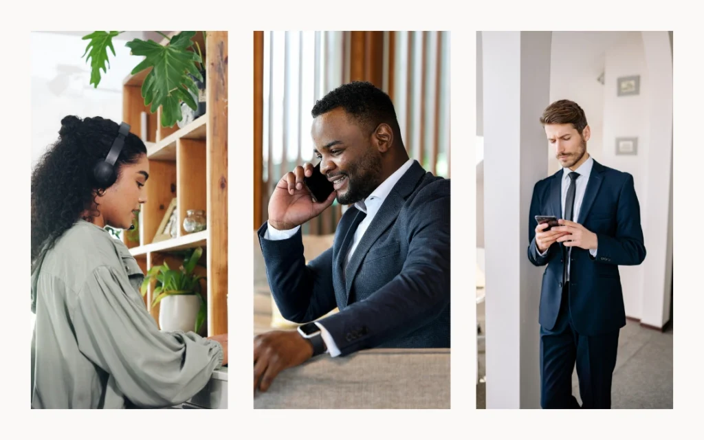 A set of three professionals using smart phones